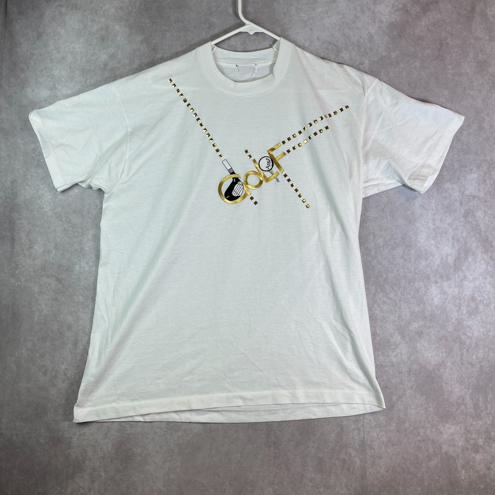 VTG Golf Shirt Adult Medium White Tee Single Stitch Embroidered Rhinestone 90s